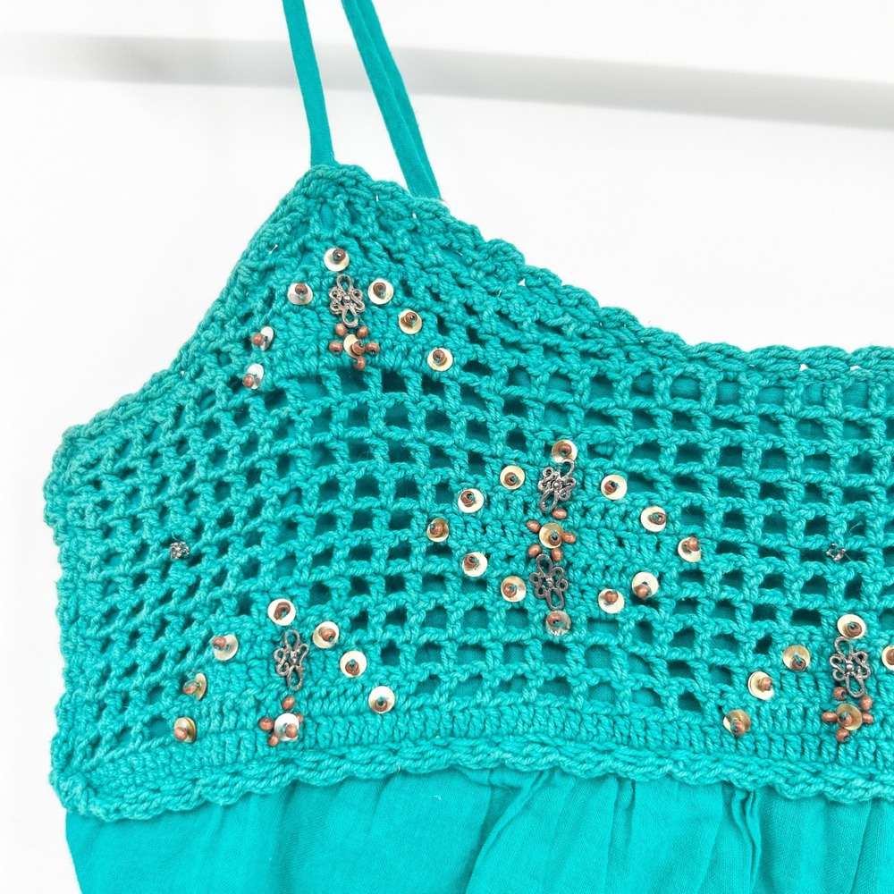 Forever 21 Womens Vintage Y2K Boho Teal Crochet Sequin Babydoll Top Size S - Picture 2 of 8